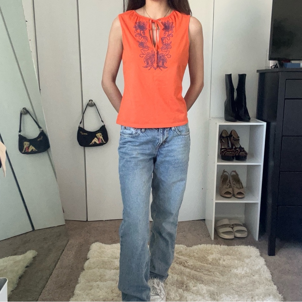 Moda International Orange Top with Blue Embroidery